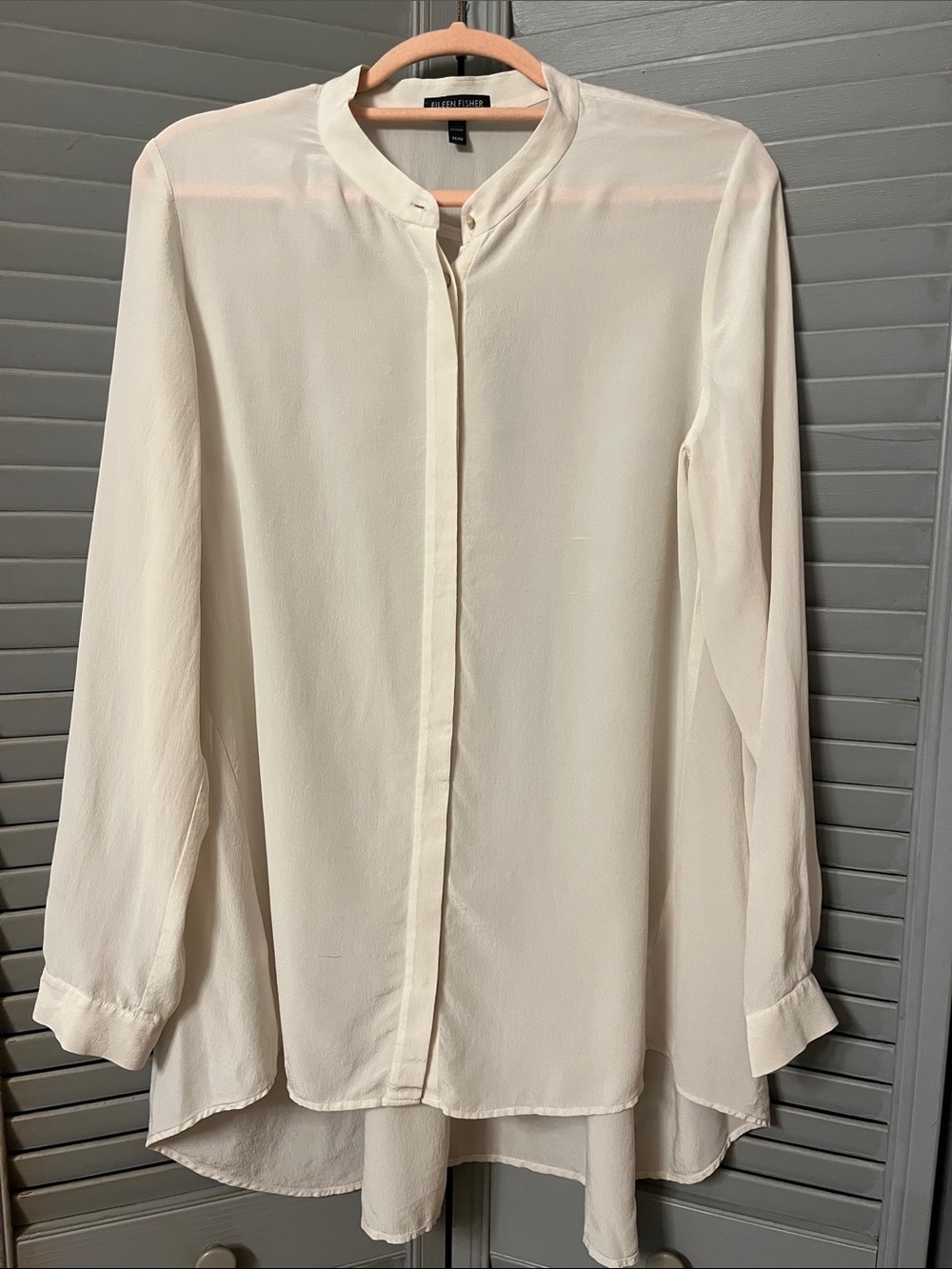 Eileen Fisher 100% Silk  Ivory Long-Sleeve Mandarin Collar Tunic Blouse, Sz M